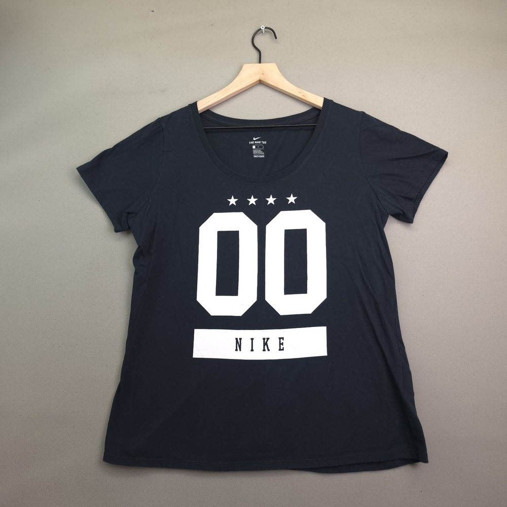 Nike Womens L Black Scoop Neck Tee 00 Stars Varsity Athletic Cut Graphic Shirt T
